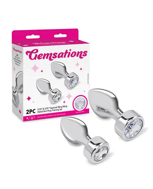 Gemsations 2 pc 3.25" & 3.7" Tapered Bling Bling Metal Butt Plug Training Set - Silver Electric Eel INC