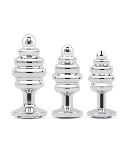 Gemsations 3 pc 2.95" & 3.25" & 3.7" Ripple Bling Bling Metal Butt Plug Training Set - Silver Electric Eel INC