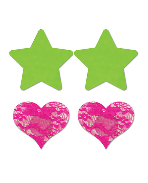 Fantasy UV Reactive Neon Star & Lace Heart Pasties - Green & Pink O/S Pack of 2 Fantasy Lingerie