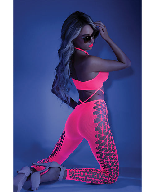 Glow Black Light Cropped Cutout Halter Bodystocking Neon Pink O/S Fantasy Lingerie