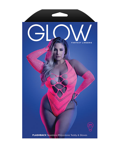 Glow Flashback Black Light Reactive Rhinestone Teddy w/Gloves (or Leg Warmers) - Neon Pink QN Fantasy Lingerie