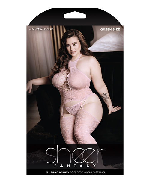 Sheer Fantasy High Neck Floral Lace Gartered Bodystocking & Panty Light Pink QN Fantasy Lingerie