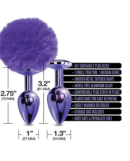 Nixie Metal Butt Plug Set w/Jewel Inlaid & Pom Pom - Purple Metallic Global Novelties LLC