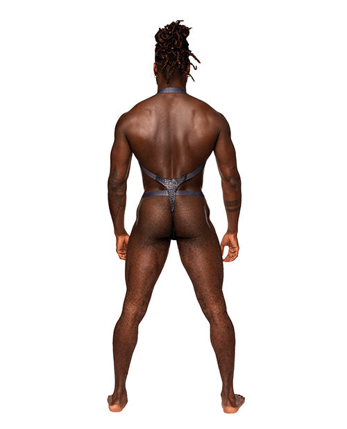 Snaked Metallic Coated Shoulder Sling Harness Thong Black/Blue S/M Comme Ci Comme Ca