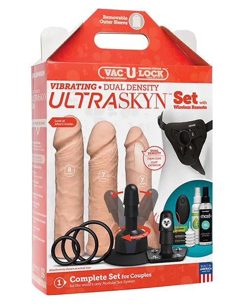Vac-U-Lock Vibrating Dildo | Vanilla Dual Density Strap On Dildo Set with Wireless Remote Doc Johnson