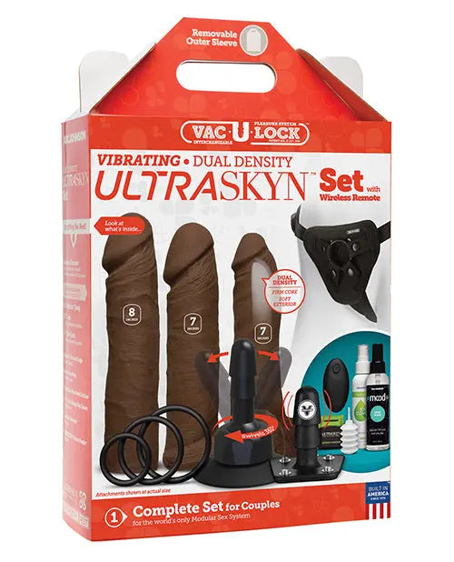 Vac-U-Lock Vibrating Dildo | Chocolate Dual Density Strap On Dildo Set with Remote Doc Johnson
