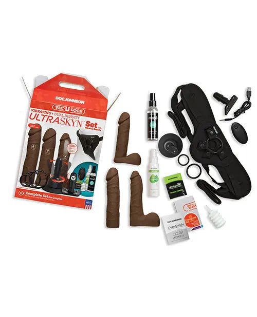 Vac-U-Lock Vibrating Dildo | Chocolate Dual Density Strap On Dildo Set with Remote Doc Johnson