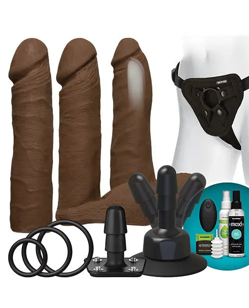 Vac-U-Lock Vibrating Dildo | Chocolate Dual Density Strap On Dildo Set with Remote Doc Johnson