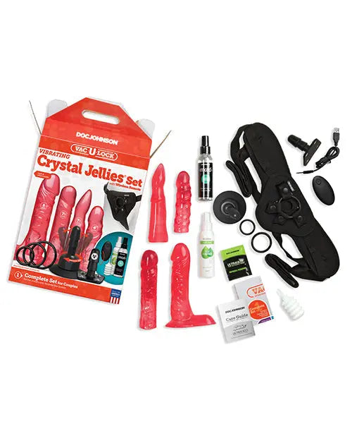 Vac-U-Lock Vibrating Dildo | Crystal Jellies Strap On Dildo Set | Wireless Remote Pink Dildo Doc Johnson