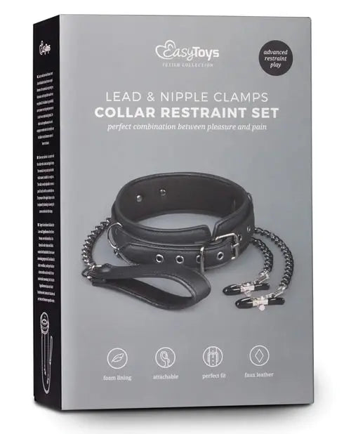 Easy Toys Faux Leather Collar w/Nipple Chains - Black One-dc