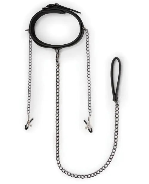 Easy Toys Faux Leather Collar w/Nipple Chains - Black One-dc