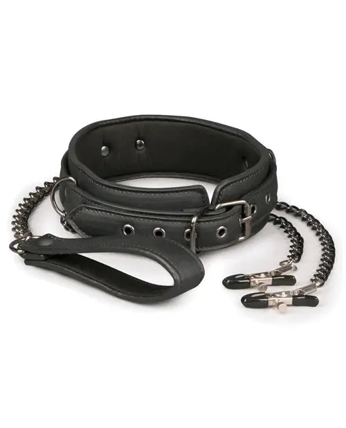 Easy Toys Faux Leather Collar w/Nipple Chains - Black One-dc