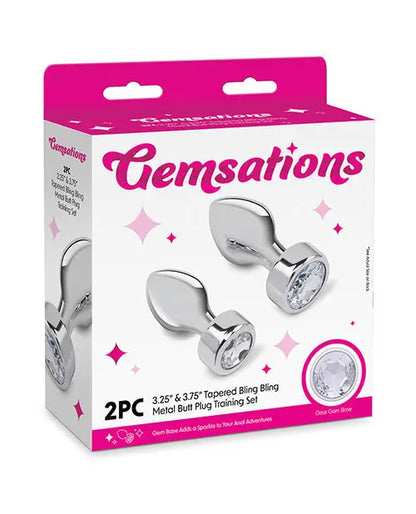 Gemsations 2 pc 3.25" & 3.7" Tapered Bling Bling Metal Butt Plug Training Set - Silver Electric Eel INC
