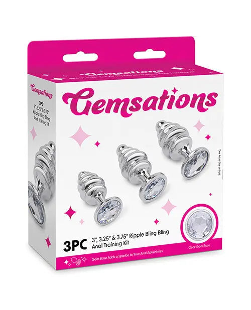 Gemsations 3 pc 2.95" & 3.25" & 3.7" Ripple Bling Bling Metal Butt Plug Training Set - Silver Electric Eel INC