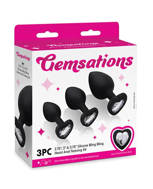 Gemsations 3 pc 2.75" & 3.15" & 3.7" Silicone Bling Bling Heart Butt Plug Training Set - Black Electric Eel INC