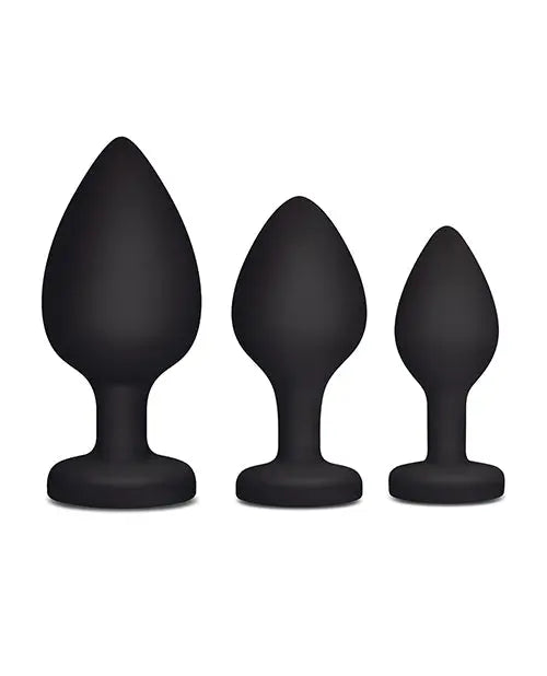 Gemsations 3 pc 2.75" & 3.15" & 3.7" Silicone Bling Bling Heart Butt Plug Training Set - Black Electric Eel INC