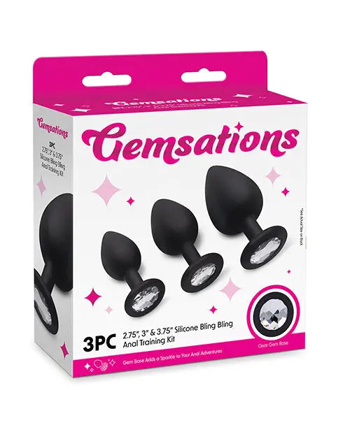 Gemsations 3 pc 2.75" & 3.15" & 3.7" Silicone Bling Bling Butt Plug Training Set - Black Electric Eel INC