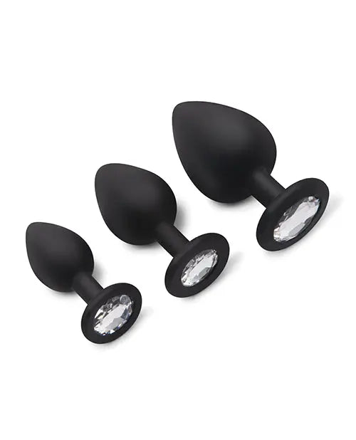 Gemsations 3 pc 2.75" & 3.15" & 3.7" Silicone Bling Bling Butt Plug Training Set - Black Electric Eel INC