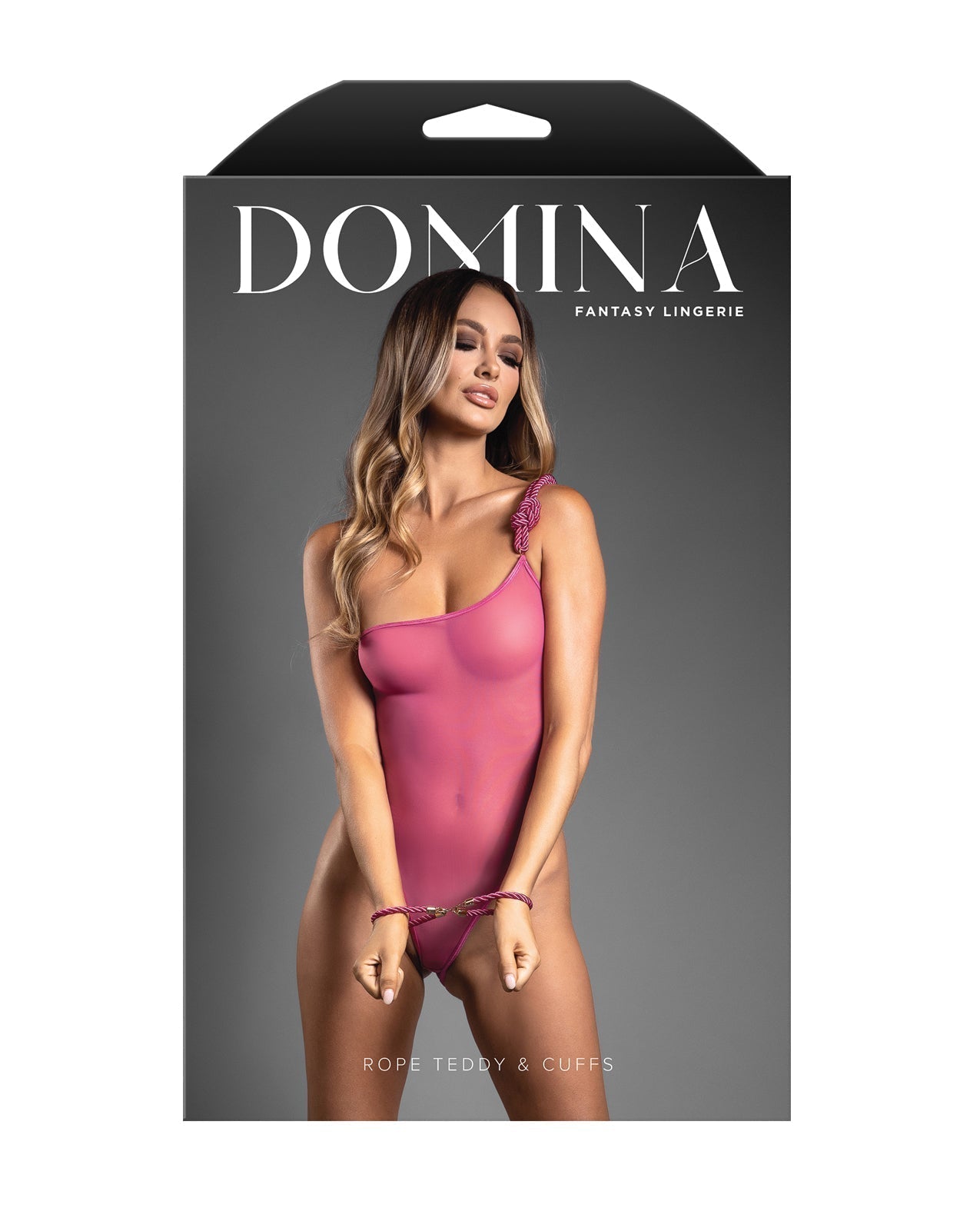 Domina One-Shoulder Sheer Mesh Teddy w/Rope Cuffs - Pink S/M Fantasy Lingerie