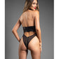 Domina Sheer Mesh Halter Teddy w/Wet Look Cinch Waist & Zipper Crotch - Black L/XL Fantasy Lingerie