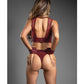 Domina Sheer Mesh & Vegan Leather 3 pc Set w/Crotchless Panty & Handcuffs - Burgundy L/XL Fantasy Lingerie