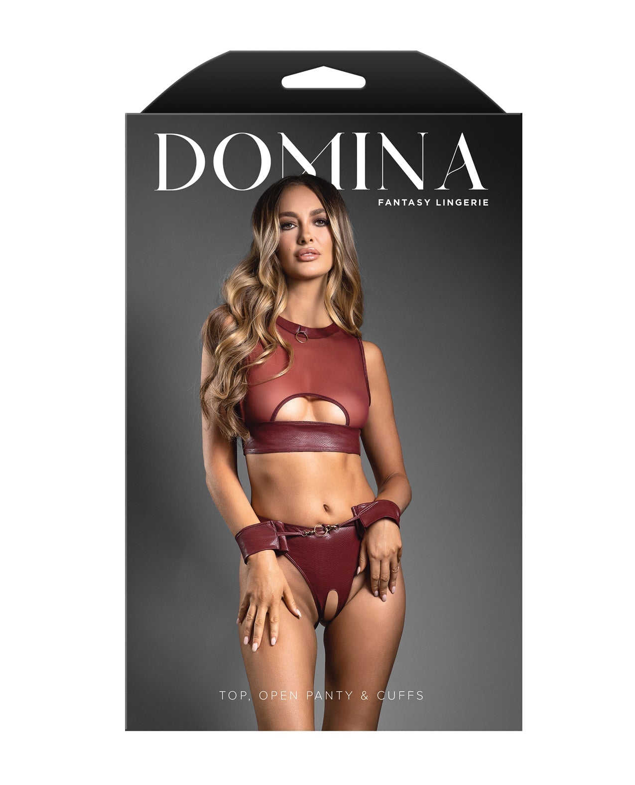 Domina Sheer Mesh & Vegan Leather 3 pc Set w/Crotchless Panty & Handcuffs - Burgundy M/L Fantasy Lingerie