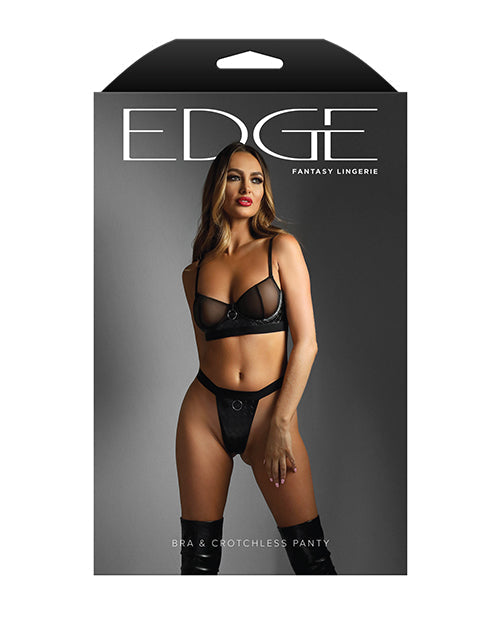 Edge Quilted Wetlook and Mesh Underwire Bra w/ Crotchless Panty - Black L/XL Fantasy Lingerie