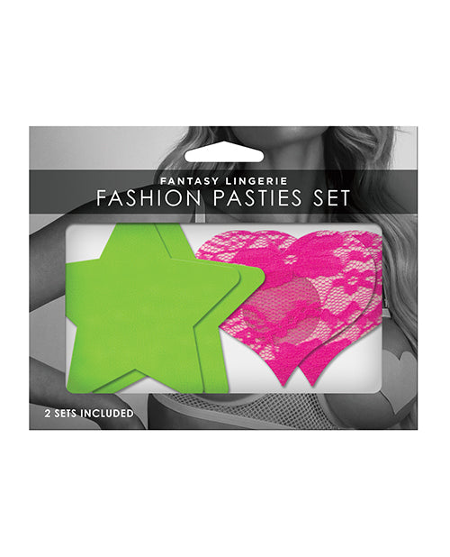 Fantasy UV Reactive Neon Star & Lace Heart Pasties - Green & Pink O/S Pack of 2 Fantasy Lingerie