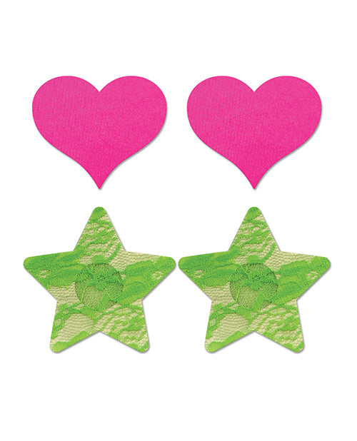 Fantasy UV Reactive Neon Heart & Lace Star Pasties - Pink & Green O/S Pack  of 2 Fantasy Lingerie