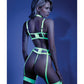 Glow Black Light Embroidered Harness Bra, Leg Garterbelt & G-String Neon Chartreuse M/L Fantasy Lingerie