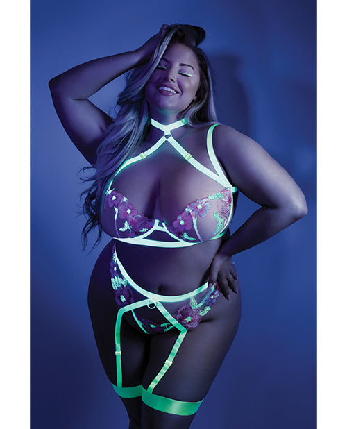 Glow Black Light Embroidered Harness Bra, Leg Garterbelt & G-String Neon Chartreuse QN Fantasy Lingerie