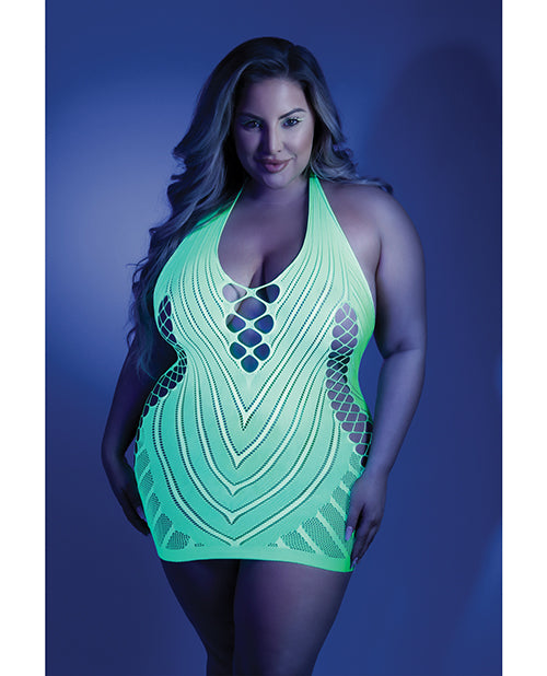 Glow Black Light Net Halter Dress Neon Green QN Fantasy Lingerie