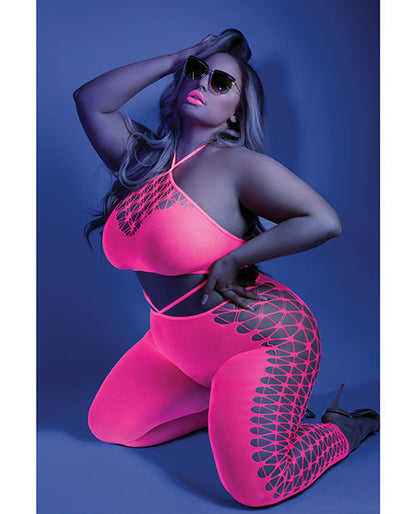 Glow Black Light Cropped Cutout Halter Bodystocking Neon Pink QN Fantasy Lingerie