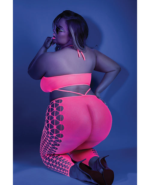 Glow Black Light Cropped Cutout Halter Bodystocking Neon Pink QN Fantasy Lingerie