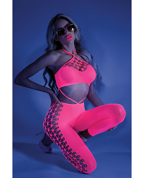 Glow Black Light Cropped Cutout Halter Bodystocking Neon Pink O/S Fantasy Lingerie