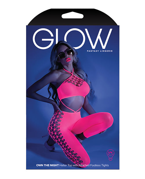 Glow Black Light Cropped Cutout Halter Bodystocking Neon Pink O/S Fantasy Lingerie