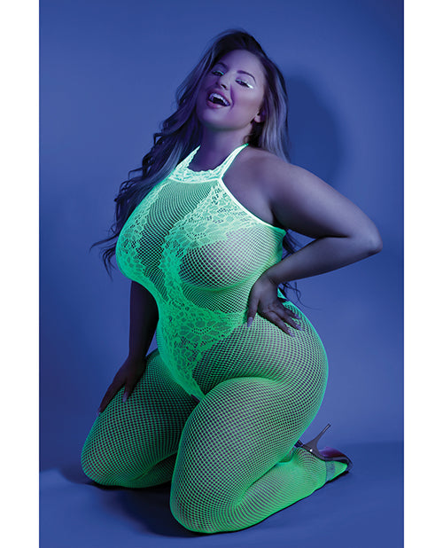 Glow Black Light Crotchless Bodystocking Neon Green QN Fantasy Lingerie