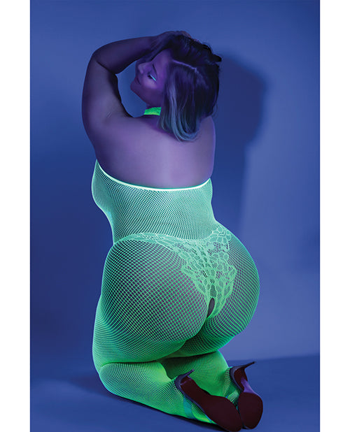 Glow Black Light Crotchless Bodystocking Neon Green QN Fantasy Lingerie