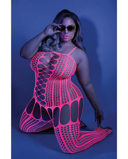 Glow Black Light Criss Cross Paneled Bodystocking Neon Pink QN Fantasy Lingerie