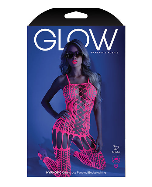 Glow Black Light Criss Cross Paneled Bodystocking Neon Pink O/S Fantasy Lingerie