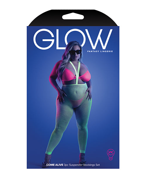 Glow Come Alive Suspender Stockings, Bralette & G-String Multi Color QN Fantasy Lingerie