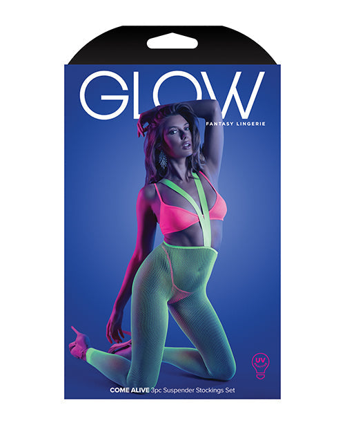 Glow Come Alive Suspender Stockings, Bralette & G-String Multi Color O/S Fantasy Lingerie