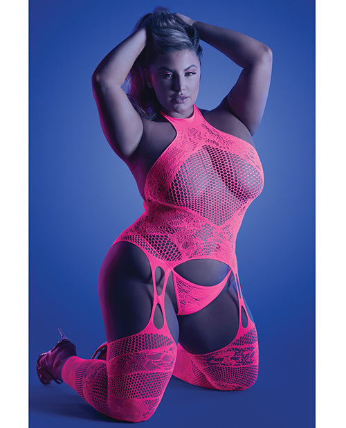 Glow Captivating Halter Bodystocking & G-String Neon Pink QN Fantasy Lingerie