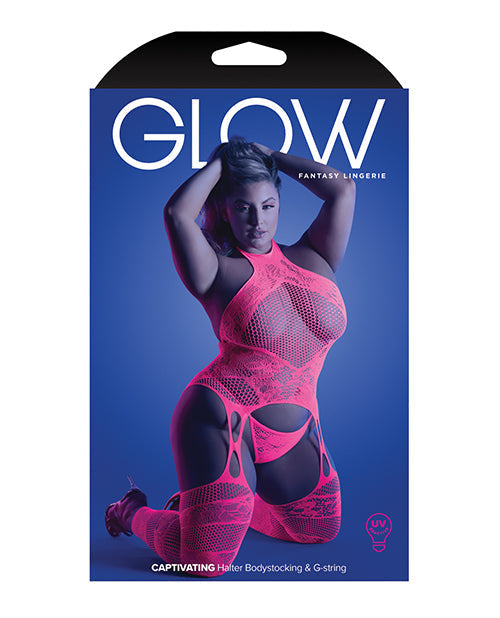 Glow Captivating Halter Bodystocking & G-String Neon Pink QN Fantasy Lingerie