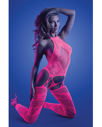 Glow Captivating Halter Bodystocking & G-String Neon Pink O/S Fantasy Lingerie