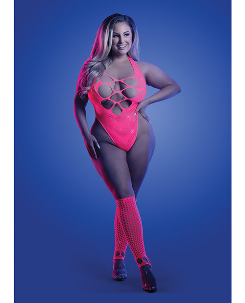 Glow Flashback Black Light Reactive Rhinestone Teddy w/Gloves (or Leg Warmers) - Neon Pink QN Fantasy Lingerie