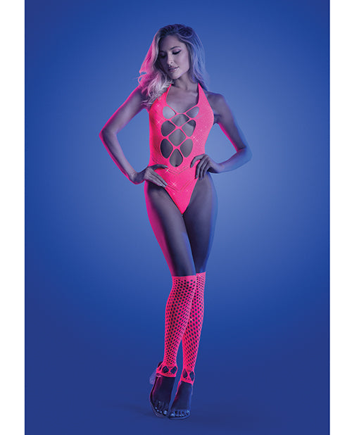 Glow Flashback Black Light Reactive Rhinestone Teddy w/Gloves (or Leg Warmers) - Neon Pink O/S Fantasy Lingerie