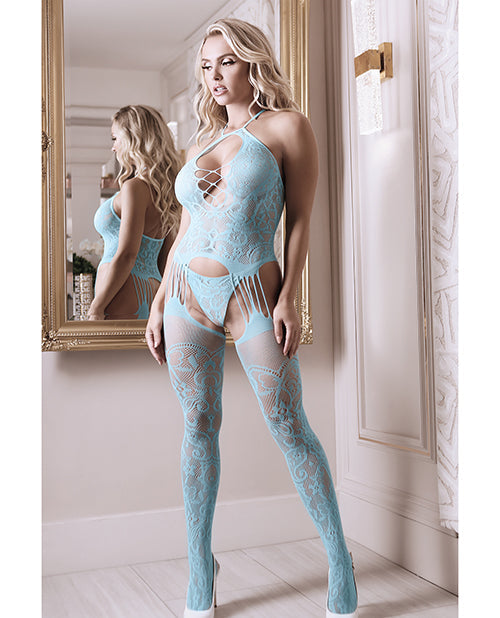 Sheer Fantasy Halter Neck Floral Lace Gartered Bodystocking & Panty Light Blue O/S Fantasy Lingerie