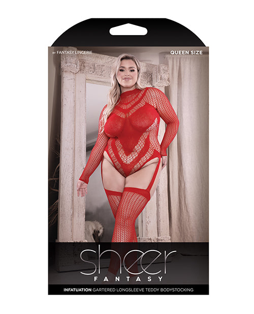 Sheer Infatuation Long Sleeve Teddy w/Attached Footless Stockings Red QN Fantasy Lingerie