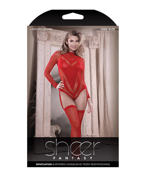 Sheer Infatuation Long Sleeve Teddy w/Attached Footless Stockings Red O/S Fantasy Lingerie